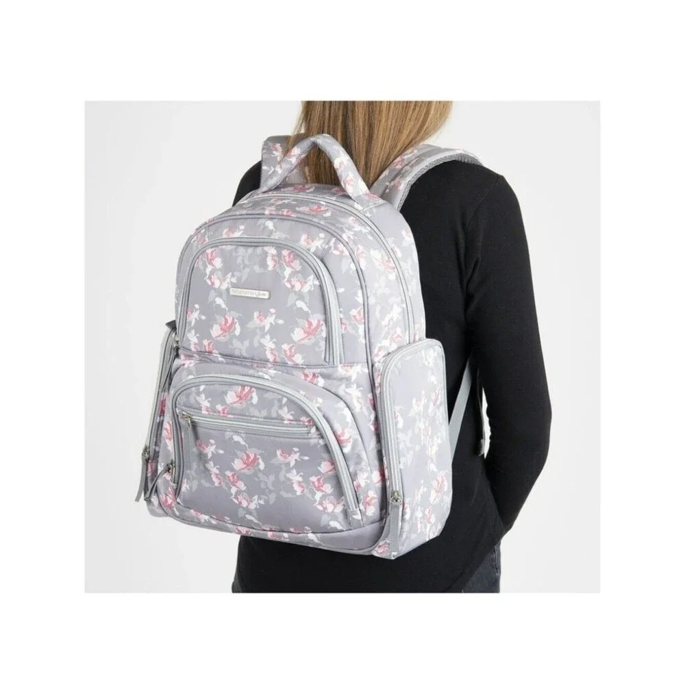 Bananafish Floral Gray, Pink, White Baby Diaper Bag Backpack with Changing Pad